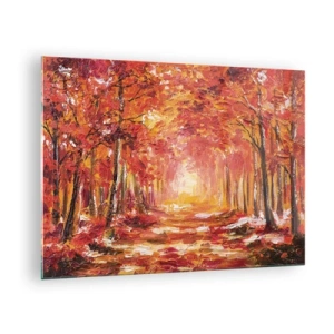 Obraz na skle - Jesenná krajina so stromami v teplých farbách - 70x50cm - Medený les - Moderná nástenná dekorácia do obývacej izby a spálne ARTTOR