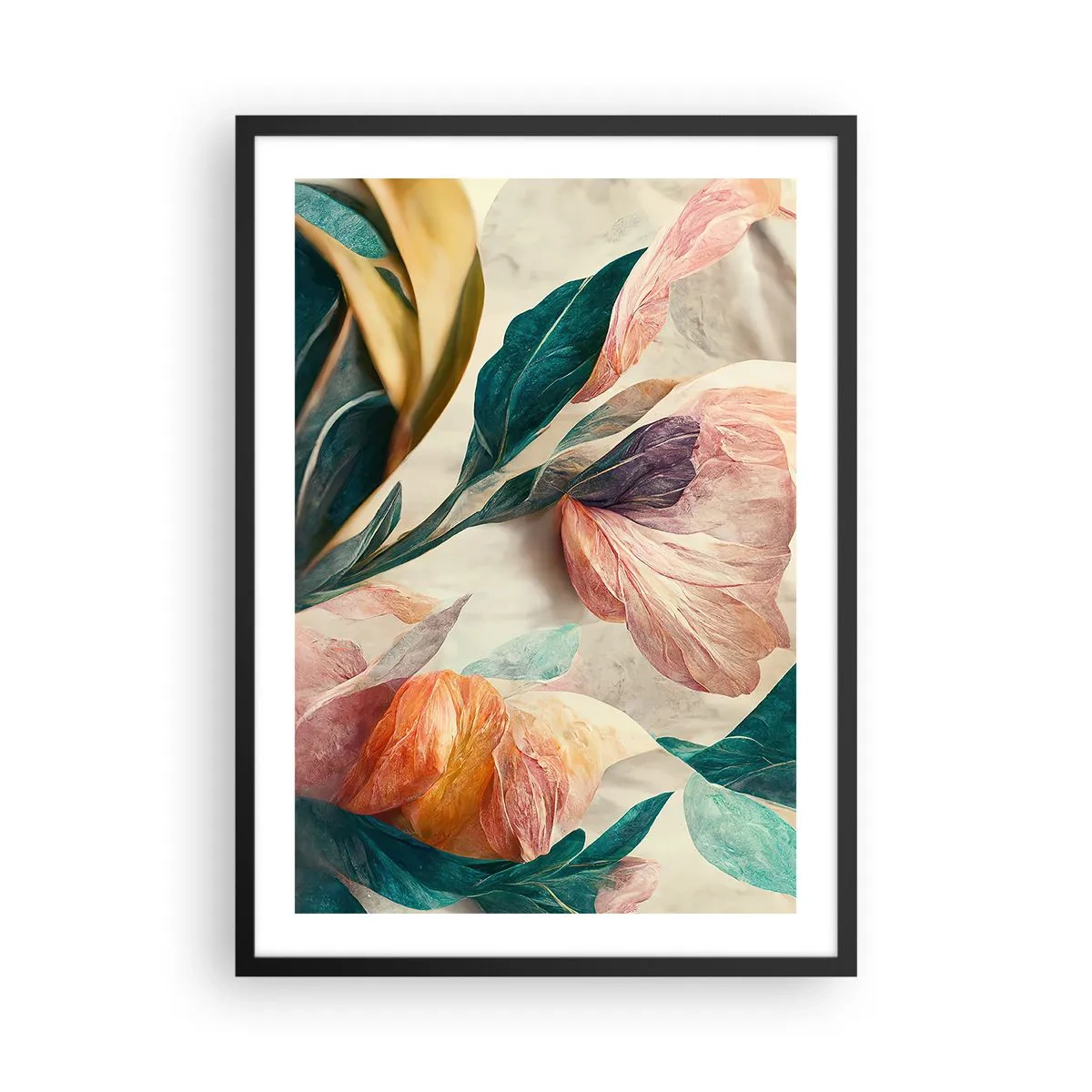 Plagát v čiernom ráme - Farebné kvety a listy v umeleckej kompozícii - 50x70cm - Kvety južných ostrovov - Moderná nástenná dekorácia do obývacej izby a spálne ARTTOR