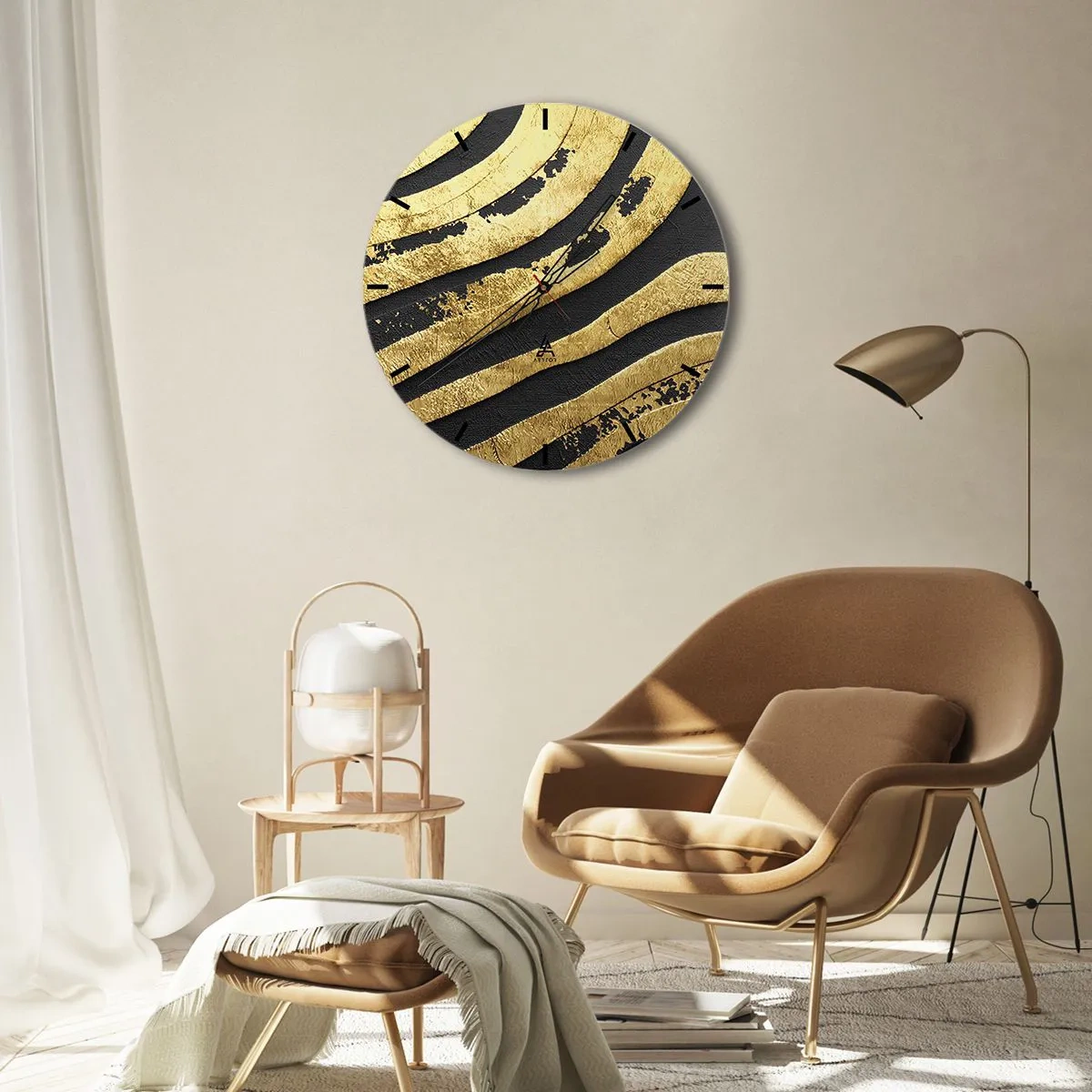 Nástenné hodiny - Abstraktný vzor v zlatej a čiernej farbe - 30x30cm - Všetko plynie - Moderná nástenná dekorácia do obývacej izby, kuchyne a spálne ARTTOR
