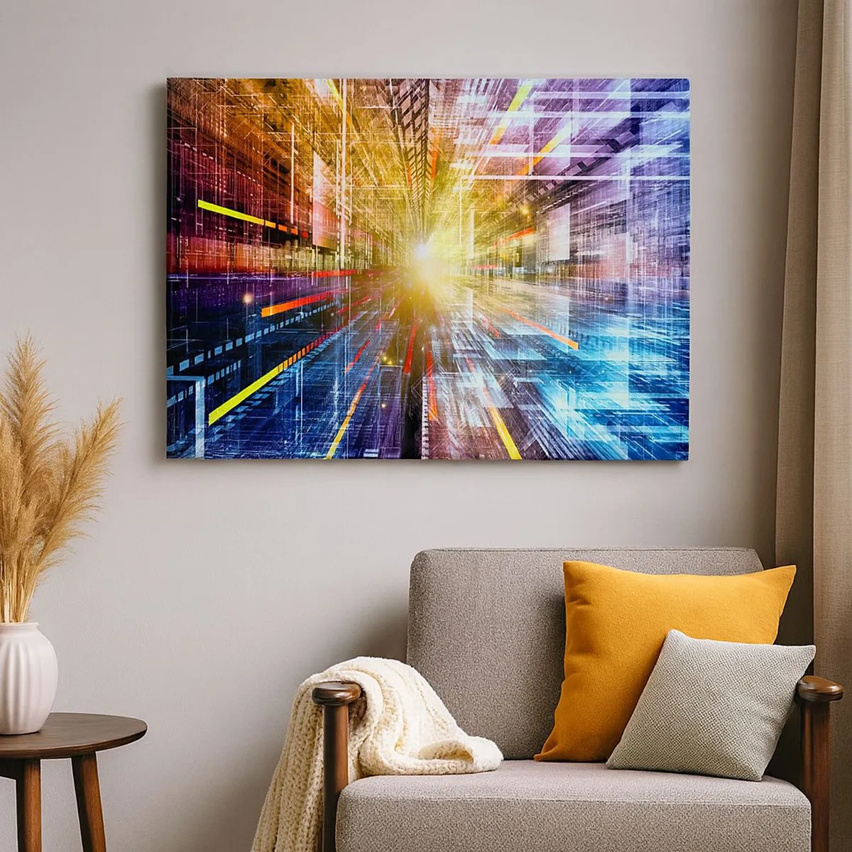 Obraz na plátne - Dynamické svetlá vo futuristickej chodbe - 70x50cm - Osvetlená chodba - Moderná nástenná dekorácia do obývacej izby a spálne ARTTOR