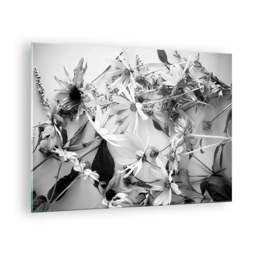 Obraz na skle - Roztrúsené čiernobiele kvety v umeleckom aranžmáne - 70x50cm - Kvety bez kytice - Moderná nástenná dekorácia do obývacej izby a spálne ARTTOR