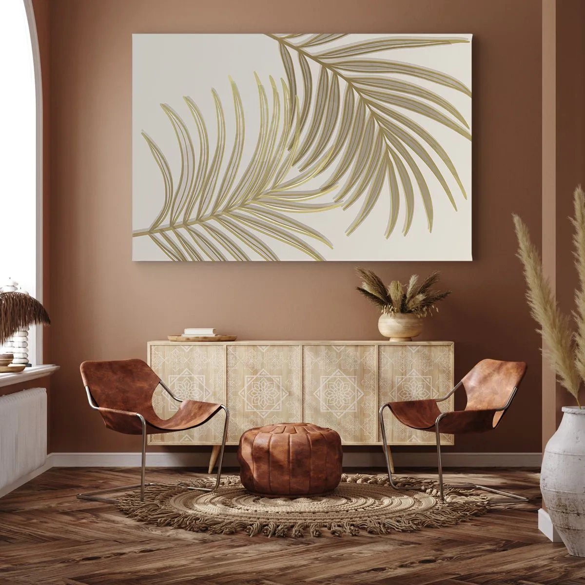Obraz na plátne - Zlaté palmové listy na svetlom pozadí v minimalistickom štýle - 70x50cm - Zlatá palma! - Moderná nástenná dekorácia do obývacej izby a spálne ARTTOR
