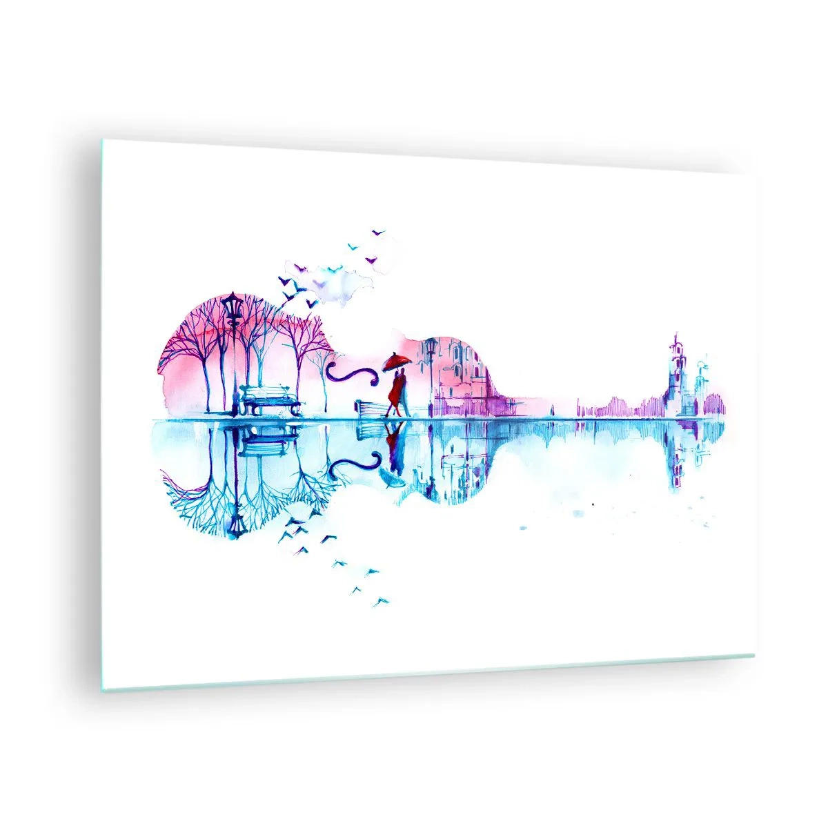 Obraz na skle - Krajina v tvare gitary v akvarelovom štýle - 70x50cm - Prinesiem vám dažďové piesne - Moderná nástenná dekorácia do obývacej izby a spálne ARTTOR