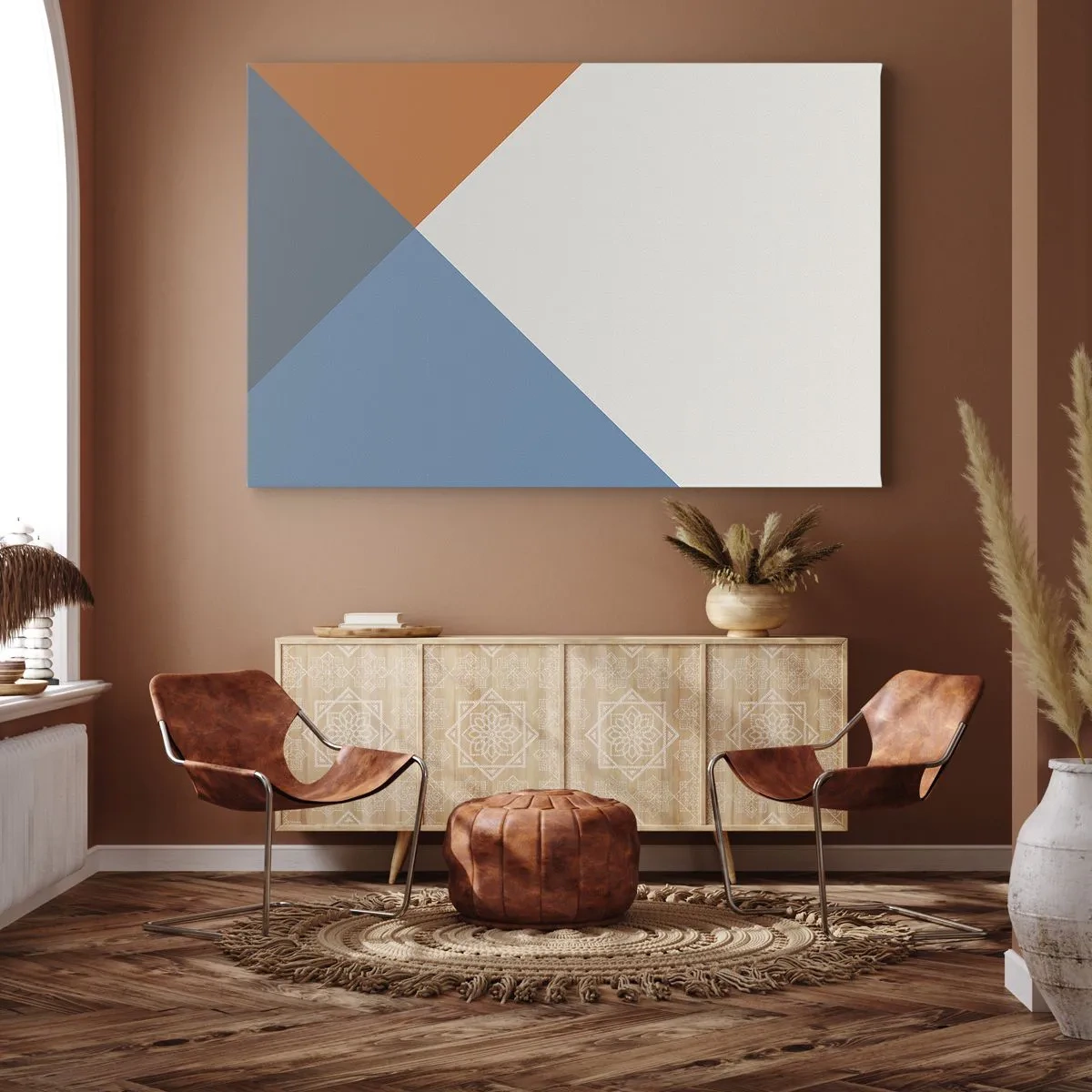 Obraz na plátne - Geometrické trojuholníky v odtieňoch modrej a oranžovej - 70x50cm - Pod uhlom… - Moderná nástenná dekorácia do obývacej izby a spálne ARTTOR
