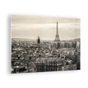 Obraz na skle - Panoráma Paríža s výhľadom na Eiffelovu vežu v sépiových tónoch - 70x50cm - Nad strechami Paríža - Moderná nástenná dekorácia do obývacej izby a spálne ARTTOR