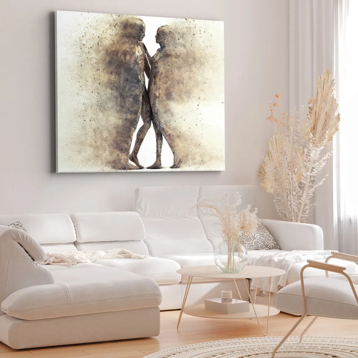 Obraz na plátne - Abstraktné duo siluet v piesočnatých odtieňoch - 70x50cm - Z prachu povstali, aby milovali - Moderná nástenná dekorácia do obývacej izby a spálne ARTTOR