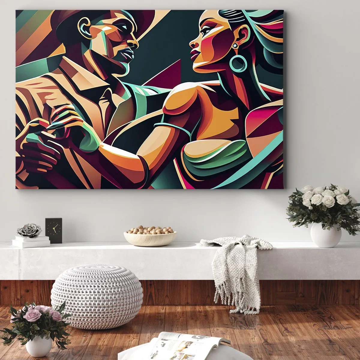 Obraz na plátne - Štylizovaný pár tancujúci v žiarivých geometrických farbách. - 70x50cm - V rytme srdca - Moderná nástenná dekorácia do obývacej izby a spálne ARTTOR