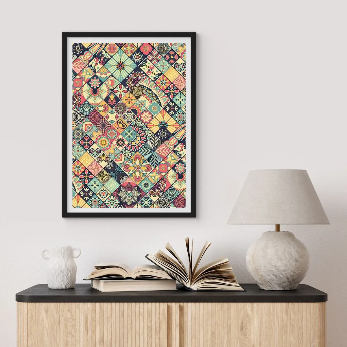 Plagát v čiernom ráme - Farebný mozaikový vzor - 50x70cm - Marocká vízia - Moderná nástenná dekorácia do obývacej izby a spálne ARTTOR