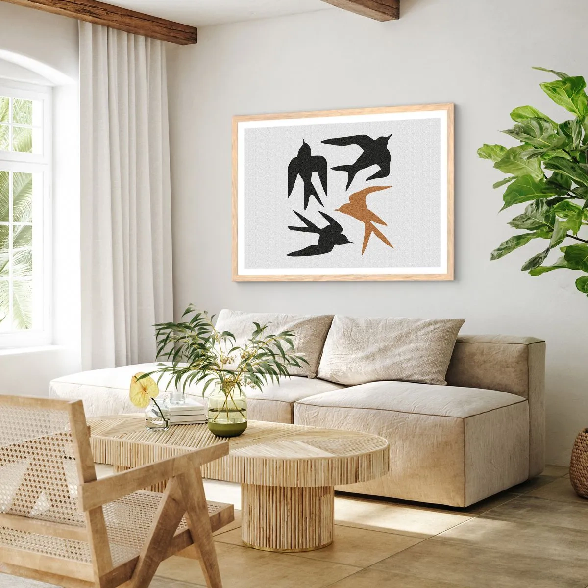 Plagát v ráme zo svetlého duba - Lastovičky - 100x70 cm