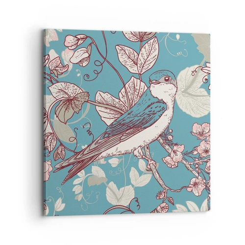 Obraz na plátne - Na bielom strome vtáky a strieborné lístie - 70x70 cm