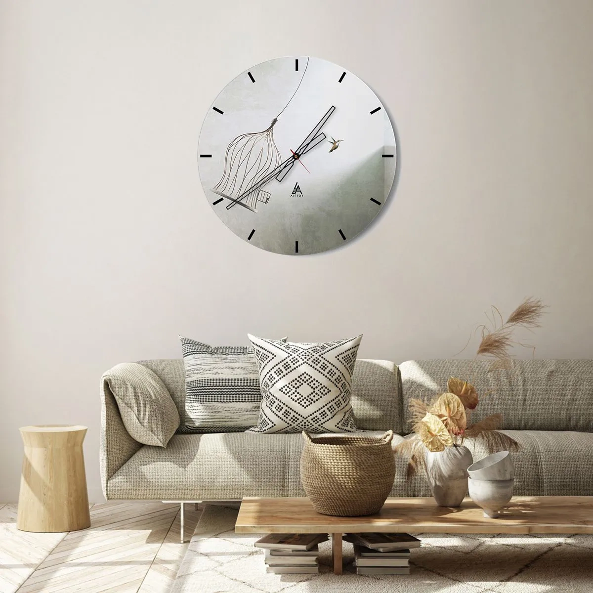 Nástenné hodiny - Vták opúšťajúci klietku na svetlom pozadí - 30x30cm - Vo svojom živle - Moderná nástenná dekorácia do obývacej izby, kuchyne a spálne ARTTOR
