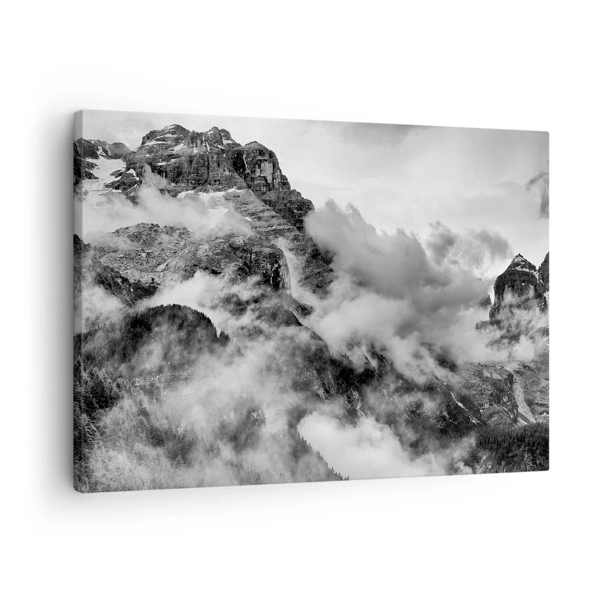 Obraz na plátne - Čiernobiely pohľad na hory obklopené oblakmi - 70x50cm - Krásne a kruté - Moderná nástenná dekorácia do obývacej izby a spálne ARTTOR