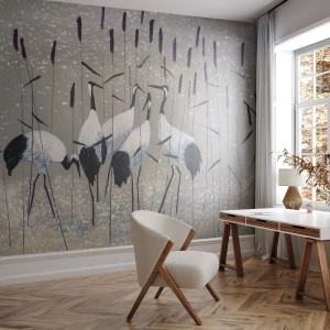 Fototapeta Standard Eco - Žeriavy medzi trstinou na pozadí tlmenej krajiny - 100x70cm - Medzi svojimi - Moderná nástenná dekorácia do obývacej izby a spálne ARTTOR