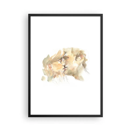 Plagát v čiernom ráme - Jemný akvarelový portrét páru v nežnom bozku. - 50x70cm - Nájdená polovica? - Moderná nástenná dekorácia do obývacej izby a spálne ARTTOR