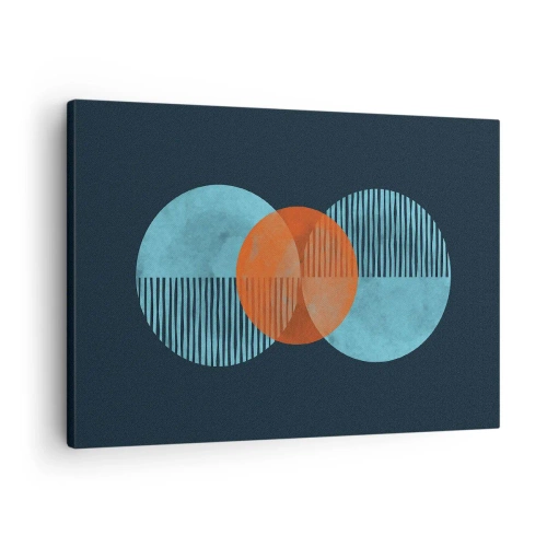 Obraz na plátne - Geometrické kruhy v odtieňoch modrej a oranžovej - 70x50cm - Symetrická kompozícia - Moderná nástenná dekorácia do obývacej izby a spálne ARTTOR