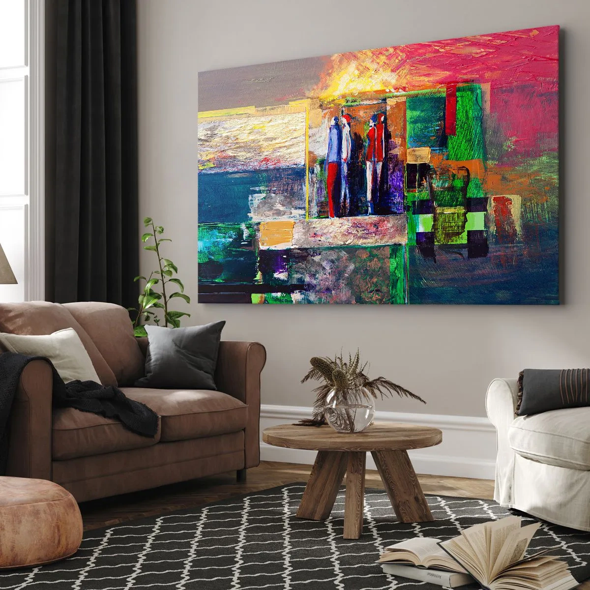 Obraz na plátne - Abstraktná kompozícia s figúrkami a geometrickými vzormi - 70x50cm - Vzťahy a emócie - Moderná nástenná dekorácia do obývacej izby a spálne ARTTOR