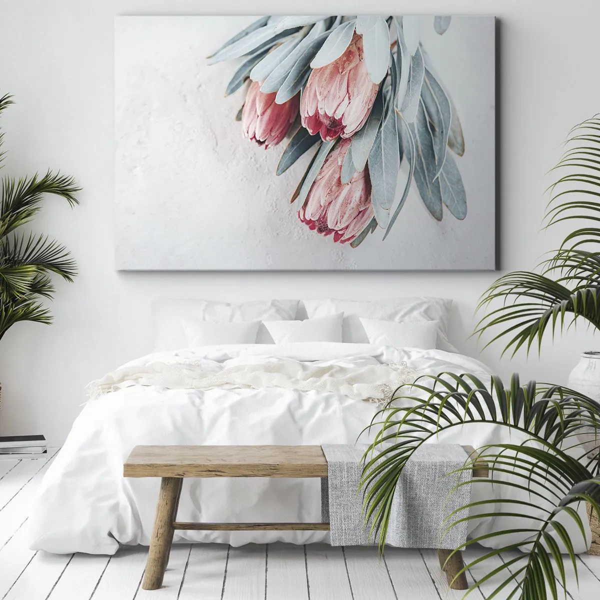 Obraz na plátne - Jemné ružové kvety protey na svetlom pozadí - 70x50cm - Zahanbené svojou vlastnou krásou - Moderná nástenná dekorácia do obývacej izby a spálne ARTTOR