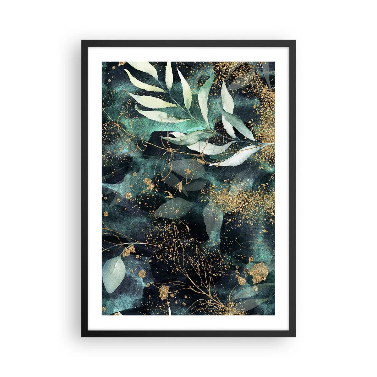 Plagát v čiernom ráme - Zelené listy a zlaté akcenty na tmavom pozadí - 50x70cm - Kúzelná záhrada - Moderná nástenná dekorácia do obývacej izby a spálne ARTTOR