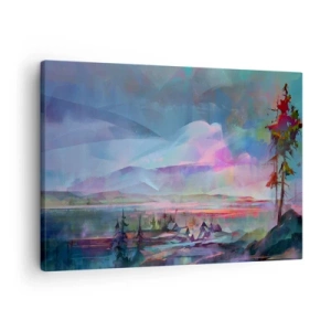 Obraz na plátne - Horská krajina s farebnou oblohou a dedinou - 70x50cm - Pod priateľským nebom - Moderná nástenná dekorácia do obývacej izby a spálne ARTTOR