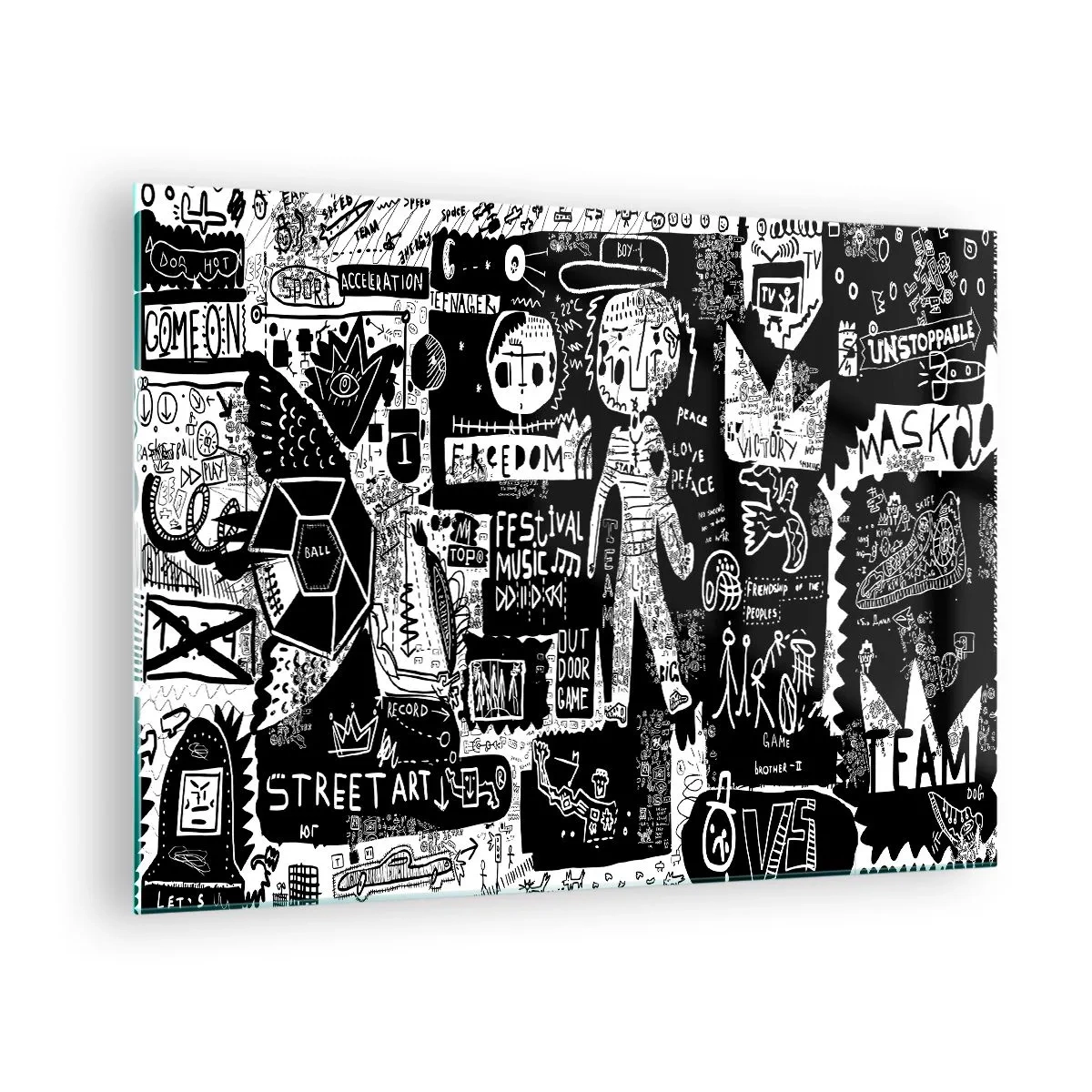 Obraz na skle - Čiernobiela grafika v štýle pouličného umenia so znakmi a symbolmi - 70x50cm - Práva a radosti duševnej mladosti - Moderná nástenná dekorácia do obývacej izby a spálne ARTTOR