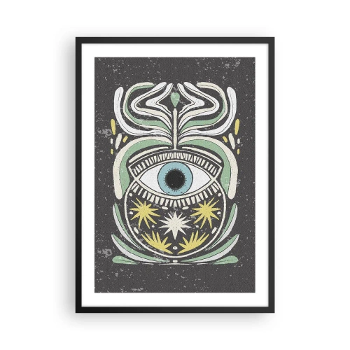 Plagát v čiernom ráme - Symbolické oko obklopené rastlinnými vzormi na tmavom pozadí. - 50x70cm - Kmeňové rituály - Moderná nástenná dekorácia do obývacej izby a spálne ARTTOR
