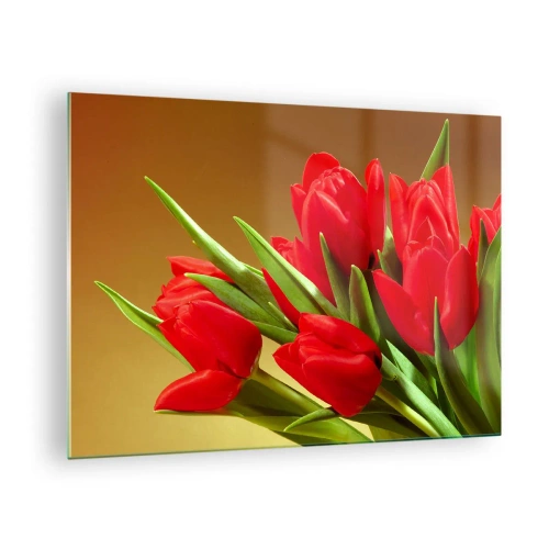 Obraz na skle - Kytica červených tulipánov na zlatom pozadí - 70x50cm - Púčik jarnej radosti - Moderná nástenná dekorácia do obývacej izby a spálne ARTTOR