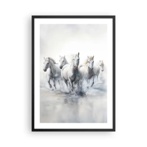 Plagát v čiernom ráme - Biele kone cválajúce cez vodu v dynamickom prostredí - 50x70cm - Biela mágia - Moderná nástenná dekorácia do obývacej izby a spálne ARTTOR