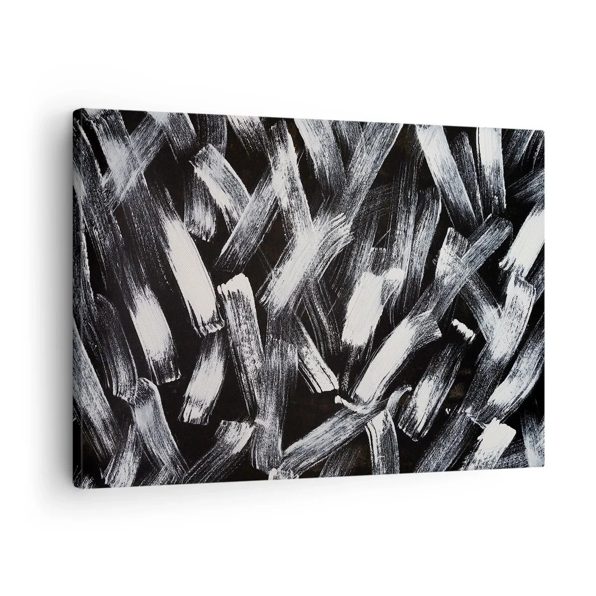 Obraz na plátne - Dynamická abstrakcia s bielymi ťahmi štetcom na čiernom pozadí. - 70x50cm - Abstrakcia v industriálnom duchu - Moderná nástenná dekorácia do obývacej izby a spálne ARTTOR