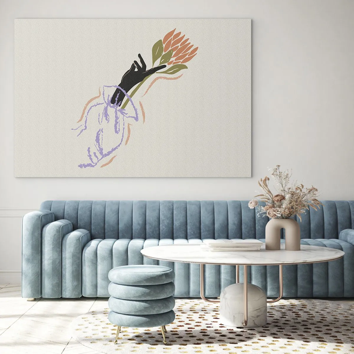 Obraz na skle - Štylizovaná ruka s kyticou kvetov nakreslená pastelovými čiarami. - 70x50cm - Sesterský dotyk - Moderná nástenná dekorácia do obývacej izby a spálne ARTTOR