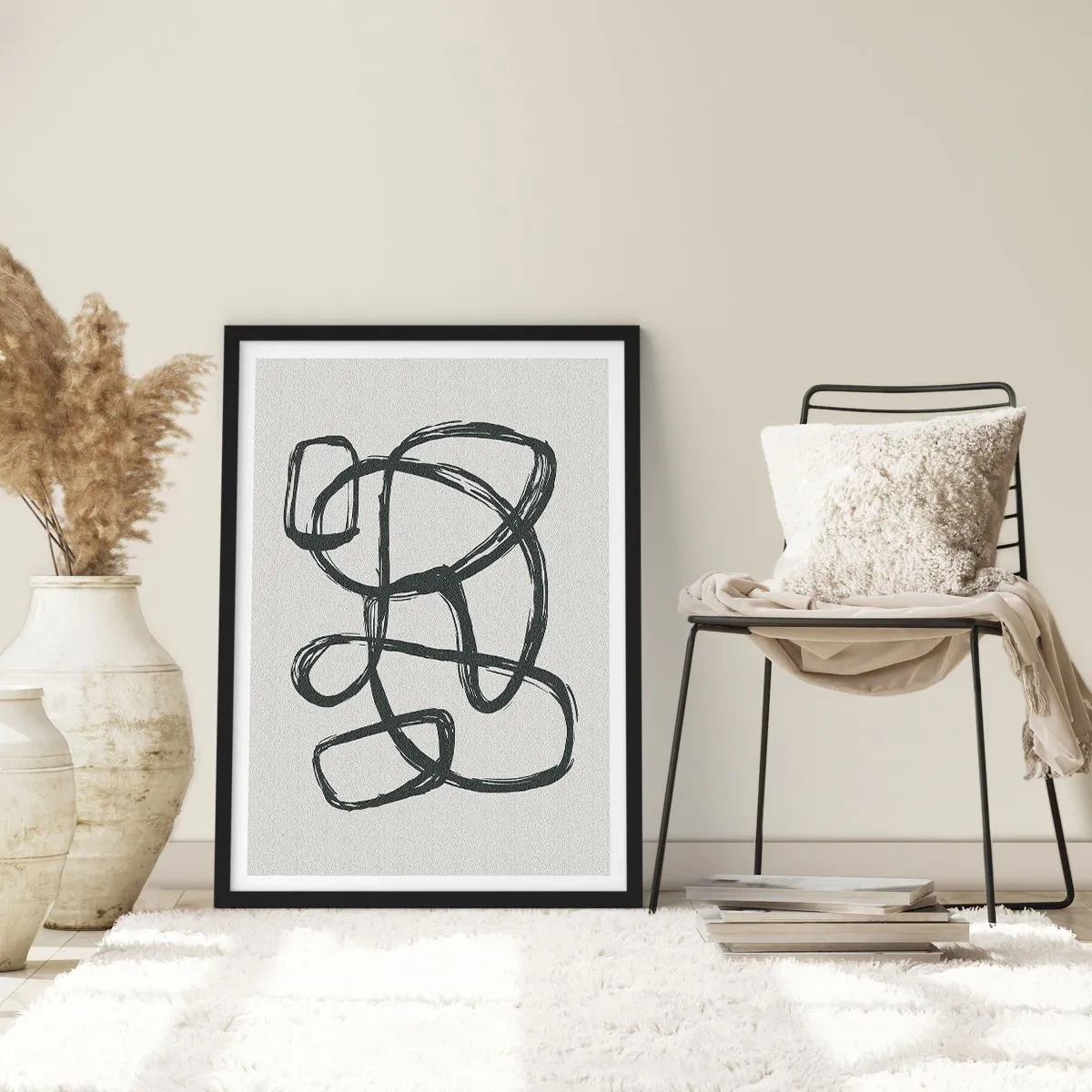 Plagát v čiernom ráme - Abstraktná čierna čiara na svetlom pozadí - 50x70cm - Abstrakcie v slučke - Moderná nástenná dekorácia do obývacej izby a spálne ARTTOR