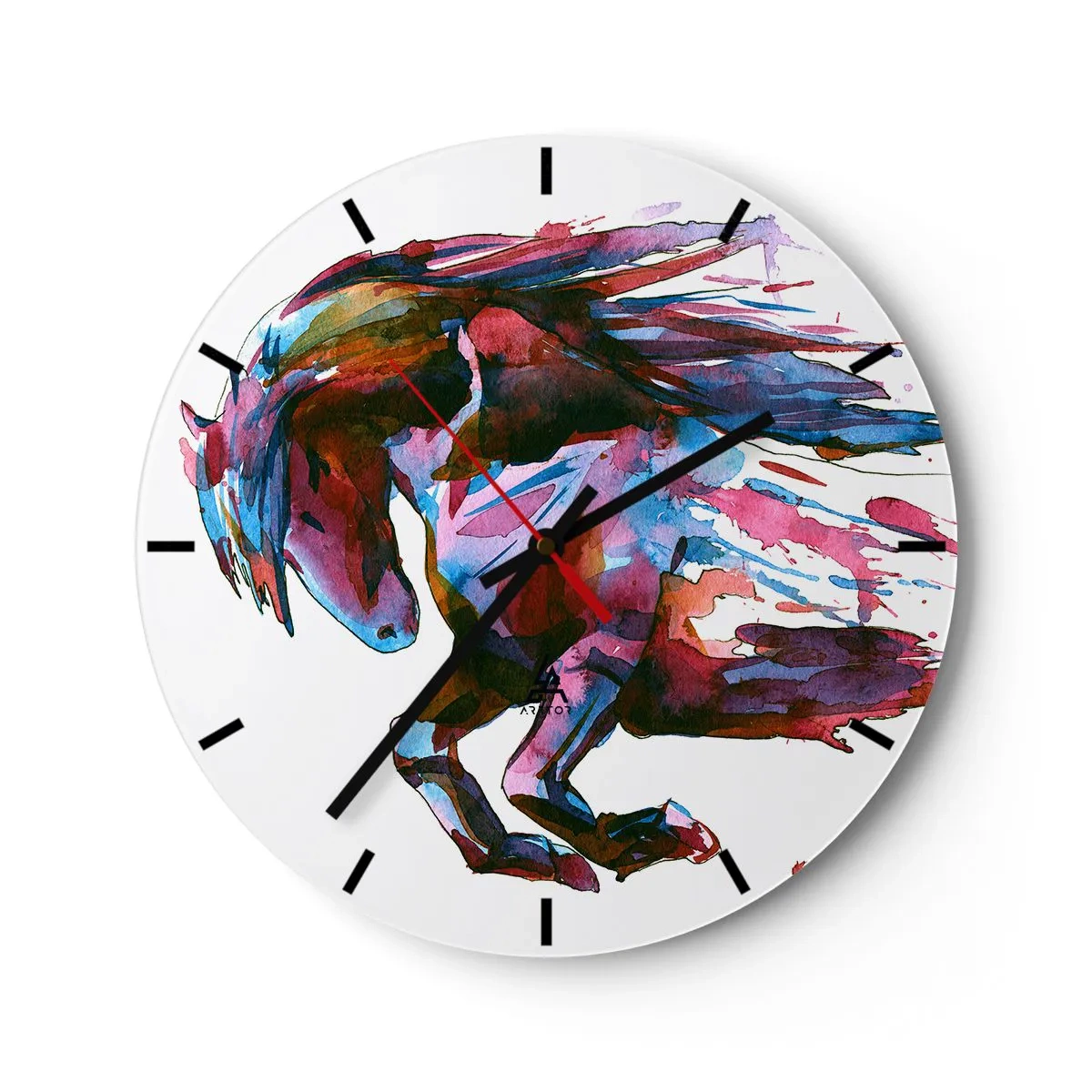 Nástenné hodiny - Dynamický kôň v akvarelových farbách s roztekajúcou hrivou - 30x30cm - Nadšenie - Moderná nástenná dekorácia do obývacej izby, kuchyne a spálne ARTTOR