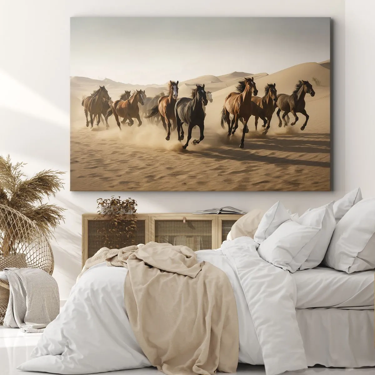 Obraz na plátne - Cválajúce kone na púštnom pozadí - 70x50cm - Voľné ako vietor - Moderná nástenná dekorácia do obývacej izby a spálne ARTTOR