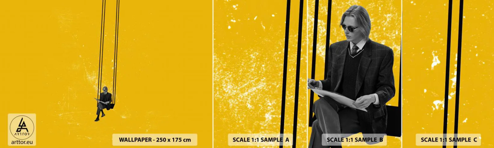 Vzorka samolepiacej fototapety Deluxe Sticker - Deň ako každý iný - Moderné umenie, Hojdačka, Muž - 100x30 cm