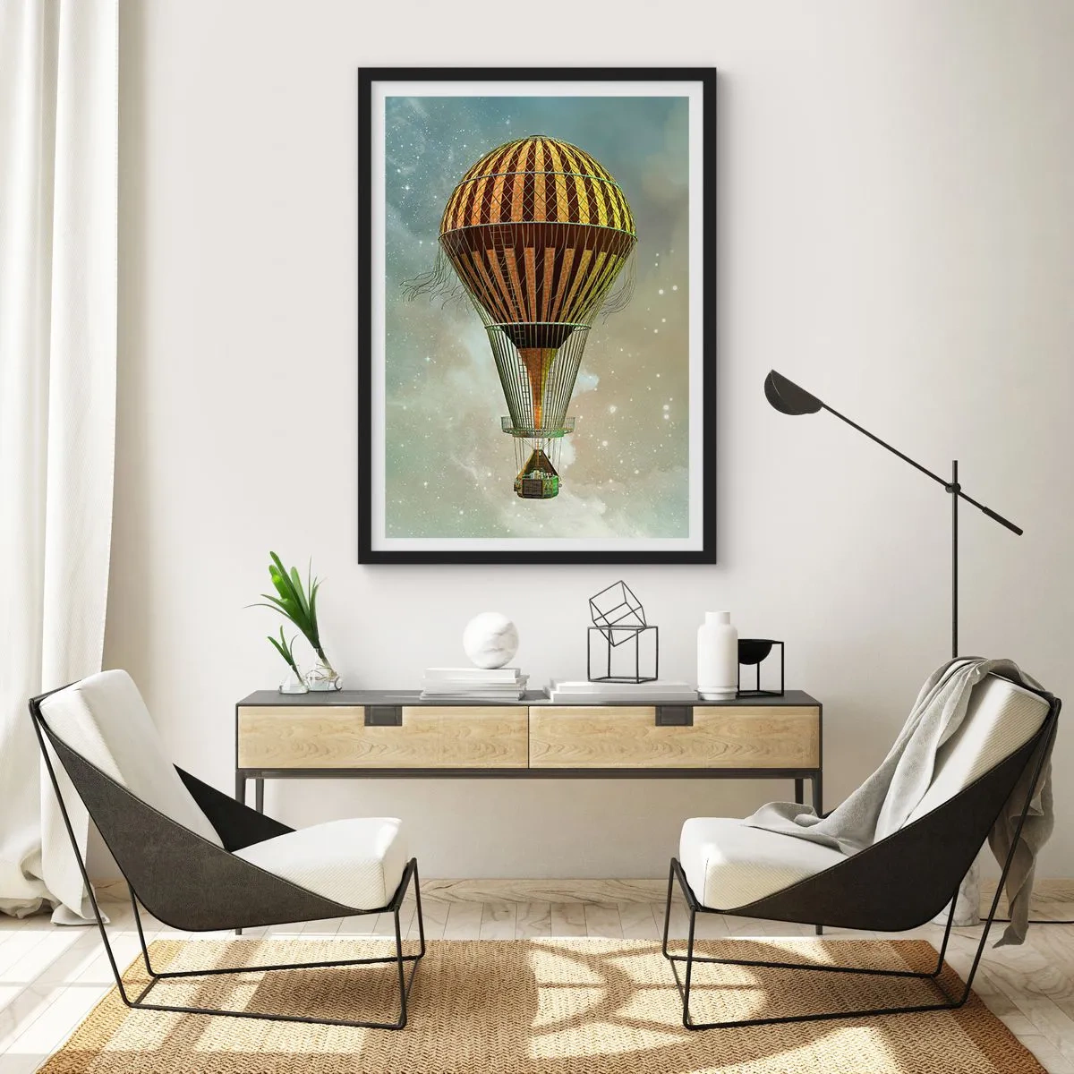 Plagát v čiernom ráme - Zlatý balón plávajúci vo vesmíre - 50x70cm - Priekopnícke lety - Moderná nástenná dekorácia do obývacej izby a spálne ARTTOR