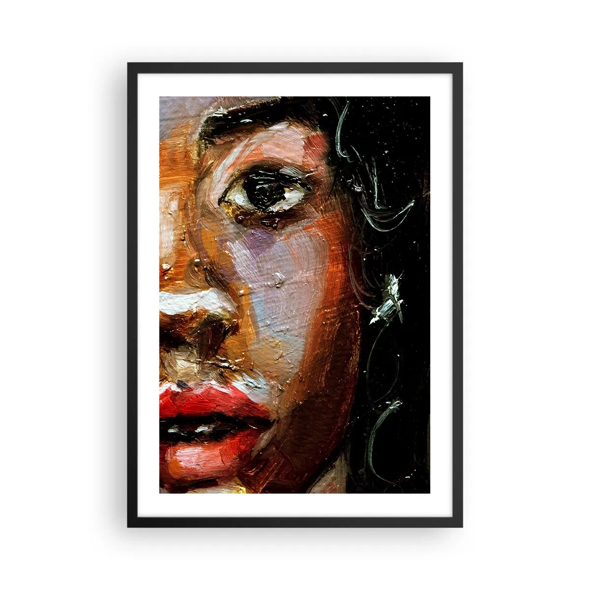 Plagát v čiernom ráme - Abstraktný portrét ženy v intenzívnych farbách s výrazným pohľadom. - 50x70cm - Čierna a jas - Moderná nástenná dekorácia do obývacej izby a spálne ARTTOR