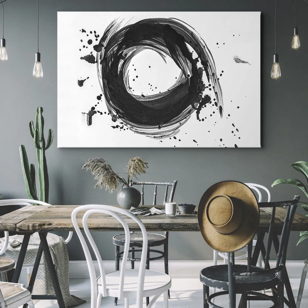 Obraz na plátne - Čierna abstrakcia v tvare kruhu na bielom pozadí - 70x50cm - Vír tvorenia - Moderná nástenná dekorácia do obývacej izby a spálne ARTTOR