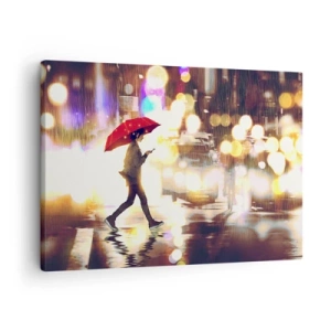 Obraz na plátne - Postava s červeným dáždnikom na ulici v daždi - 70x50cm - A predsa slnečná - Moderná nástenná dekorácia do obývacej izby a spálne ARTTOR