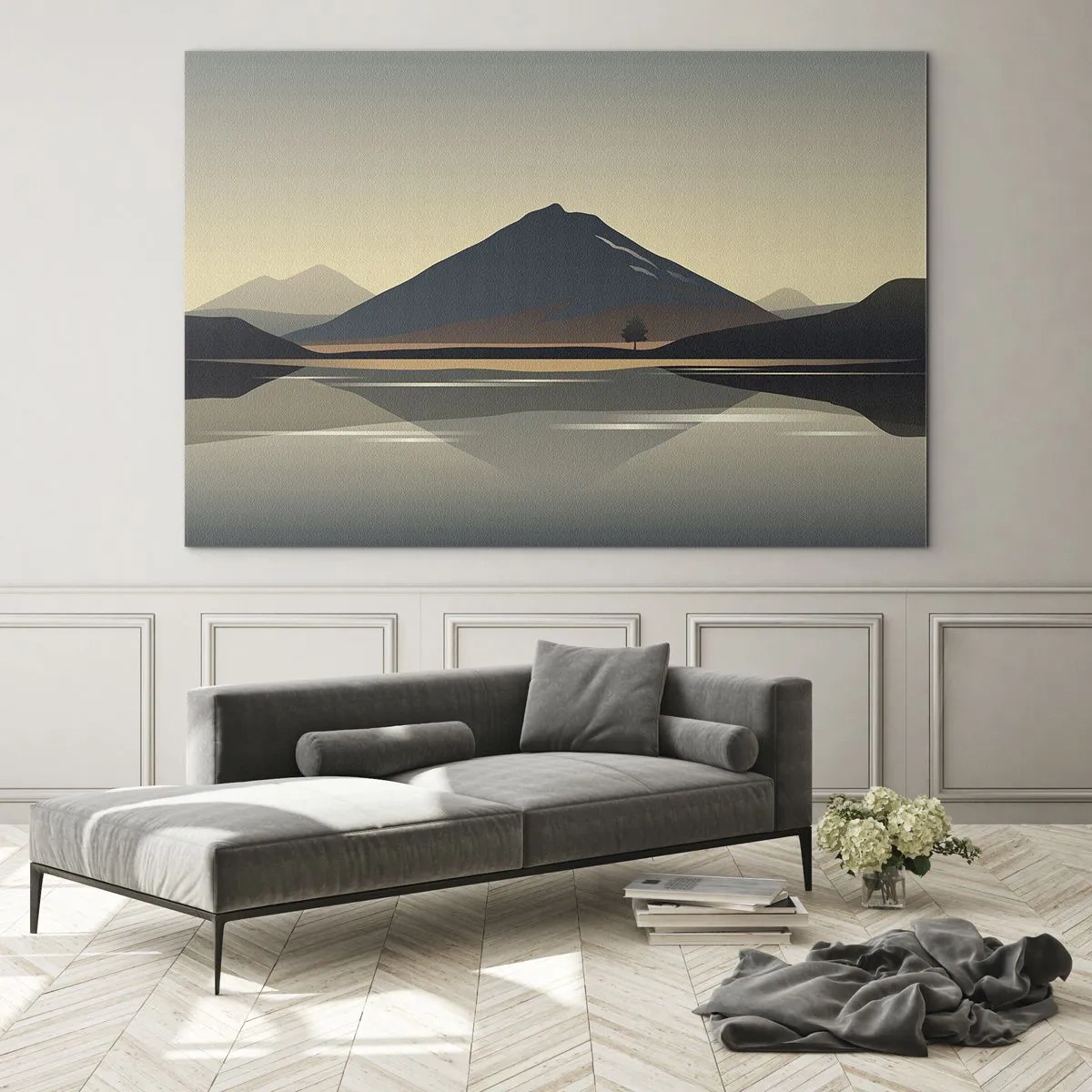 Obraz na skle - Hory a jazero v teplých tónoch s reflexným efektom - 70x50cm - Zrkadlový odraz - Moderná nástenná dekorácia do obývacej izby a spálne ARTTOR