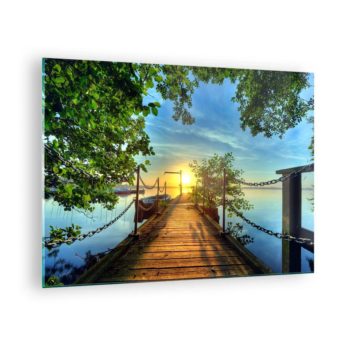 Obraz na skle - Mólo s výhľadom na západ slnka nad jazerom - 70x50cm - Západ pri vode - Moderná nástenná dekorácia do obývacej izby a spálne ARTTOR
