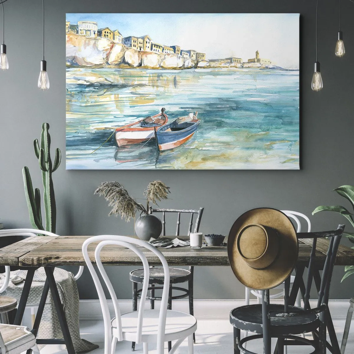 Obraz na plátne - Malebná prímorská krajina s loďkami na vode - 70x50cm - Krajina v modrej - Moderná nástenná dekorácia do obývacej izby a spálne ARTTOR