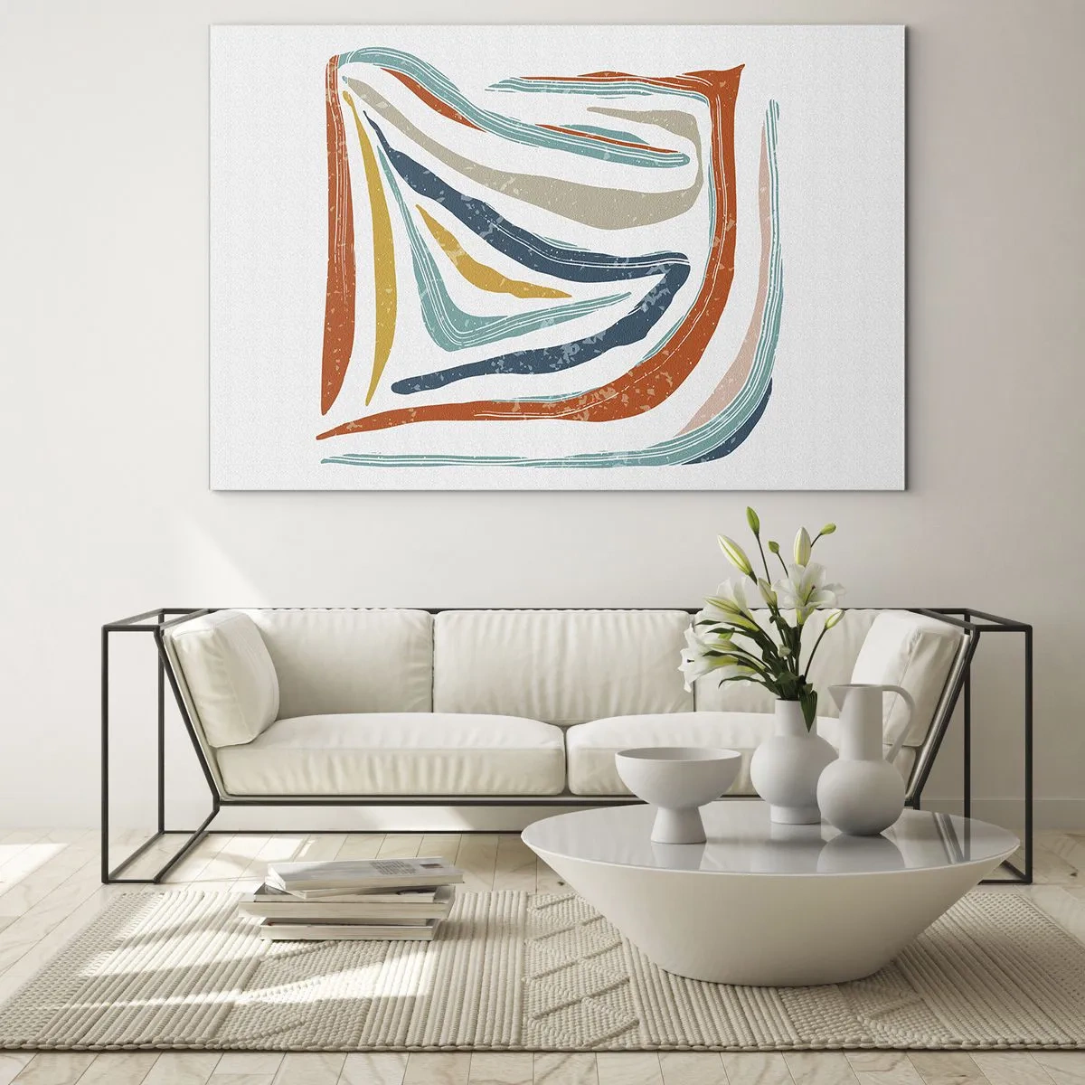 Obraz na skle - Farebné pruhy vytvárajú dynamickú abstrakciu na bielom pozadí - 70x50cm - Priateľsky usmievavá abstrakcia - Moderná nástenná dekorácia do obývacej izby a spálne ARTTOR