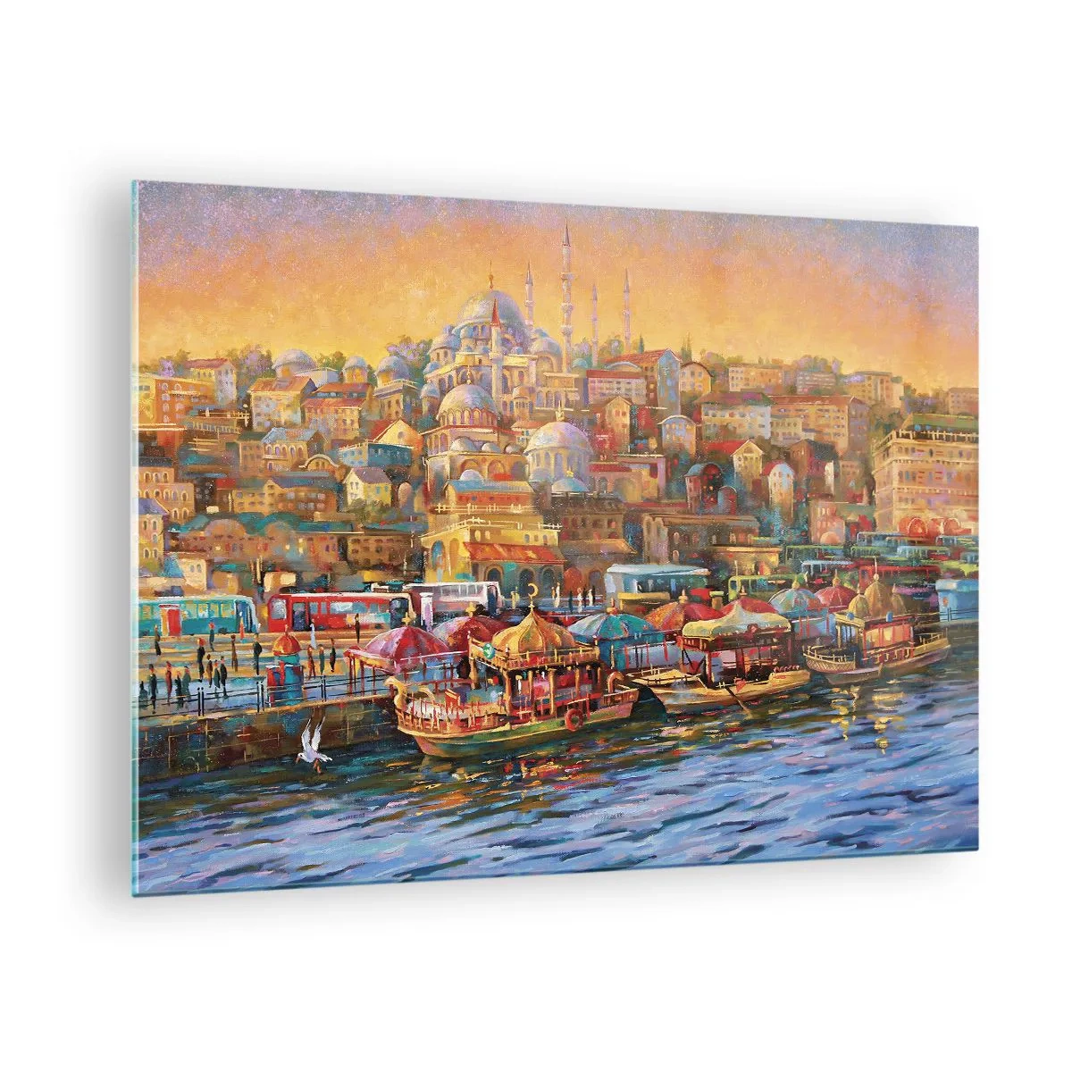 Obraz na skle - Farebný prístav s loďkami a panorámou mesta pri západe slnka - 70x50cm - Istanbulský príbeh - Moderná nástenná dekorácia do obývacej izby a spálne ARTTOR