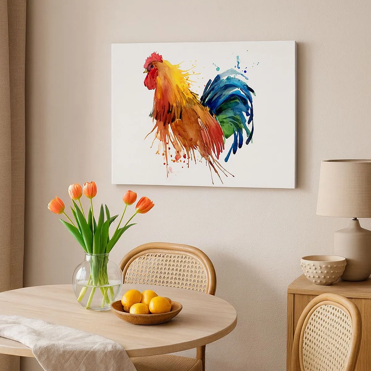 Obraz na plátne - Farebný kohút v akvarelovom štýle - 70x50cm - Kráľovský šat, kráľovská pýcha - Moderná nástenná dekorácia do obývacej izby a spálne ARTTOR