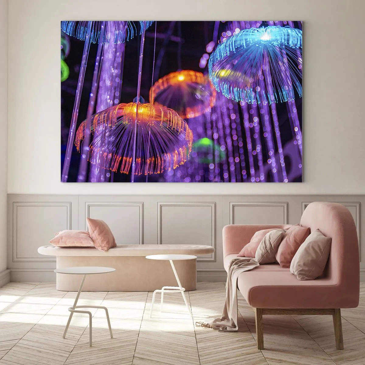 Obraz na skle - Farebné svetelné štruktúry pripomínajúce medúzy - 70x50cm - Svetelná fontána - Moderná nástenná dekorácia do obývacej izby a spálne ARTTOR