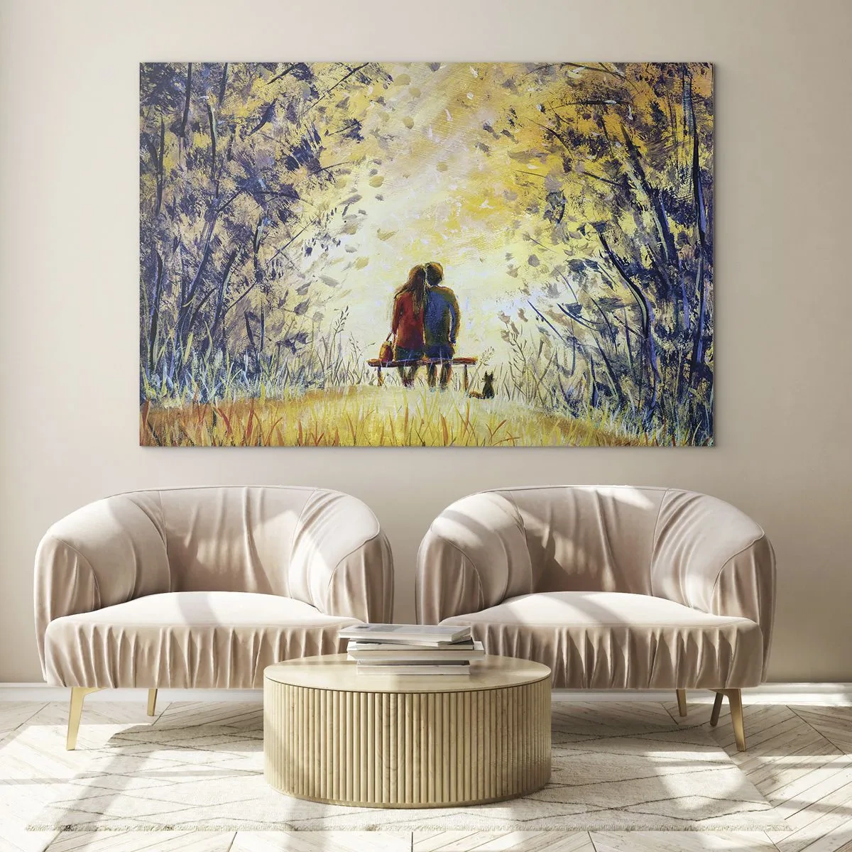 Obraz na skle - Pár na lavičke v magickom okamihu - 70x50cm - Magický okamih - Moderná nástenná dekorácia do obývacej izby a spálne ARTTOR