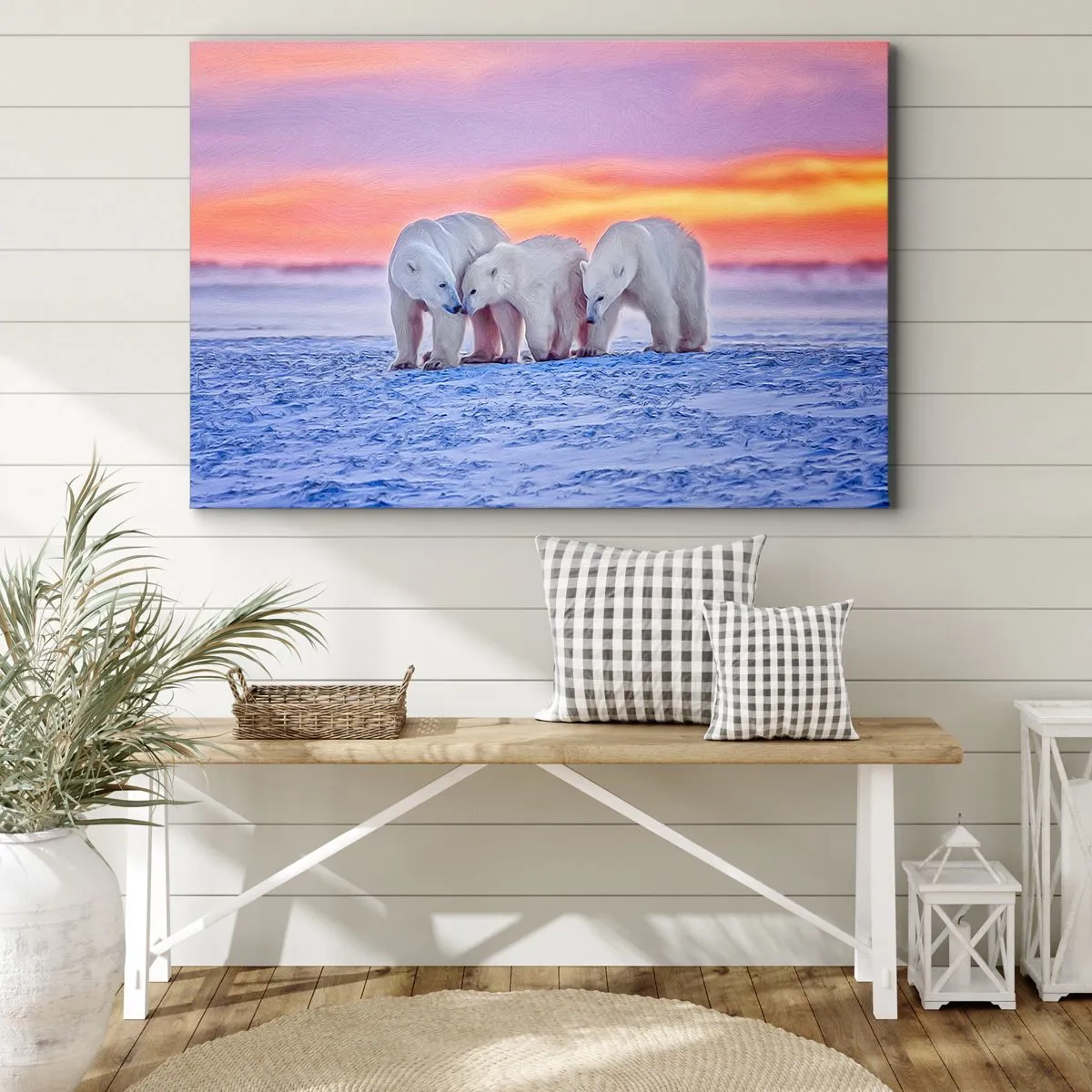 Obraz na plátne - Tri ľadové medvede na pozadí arktického západu slnka - 70x50cm - Stačí rodinné teplo - Moderná nástenná dekorácia do obývacej izby a spálne ARTTOR