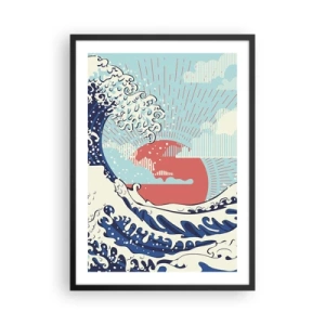 Plagát v čiernom ráme - Japonskom inšpirovaná grafická vlna s červeným slnkom - 50x70cm - Z japonských inšpirácií - Moderná nástenná dekorácia do obývacej izby a spálne ARTTOR