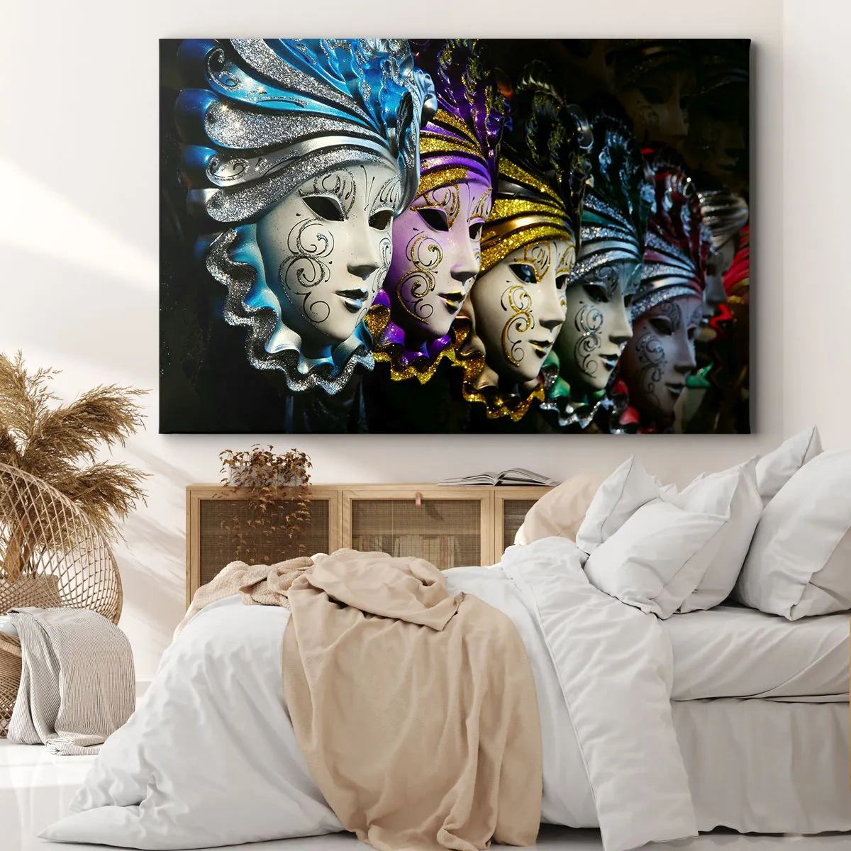 Obraz na plátne - Benátske masky v rôznych farbách s ozdobnými vzormi - 70x50cm - Tajomstvo v zlatej a v striebornej - Moderná nástenná dekorácia do obývacej izby a spálne ARTTOR