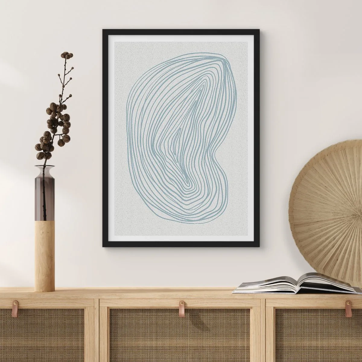 Plagát v čiernom ráme - Minimalistická abstrakcia s lineárnym vzorom v odtieňoch modrej. - 50x70cm - Úsmev kvapky - Moderná nástenná dekorácia do obývacej izby a spálne ARTTOR