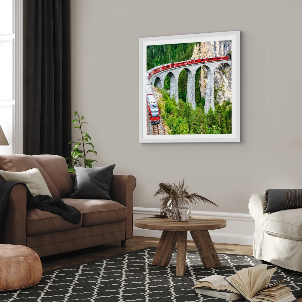 Plagát v bielom ráme - Horský výhľad priamo z vlaku - 60x60 cm